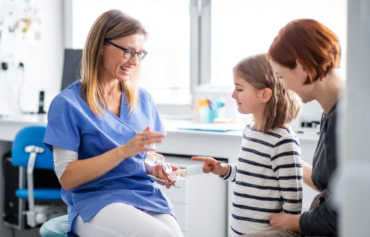 Dentist showing model to child
